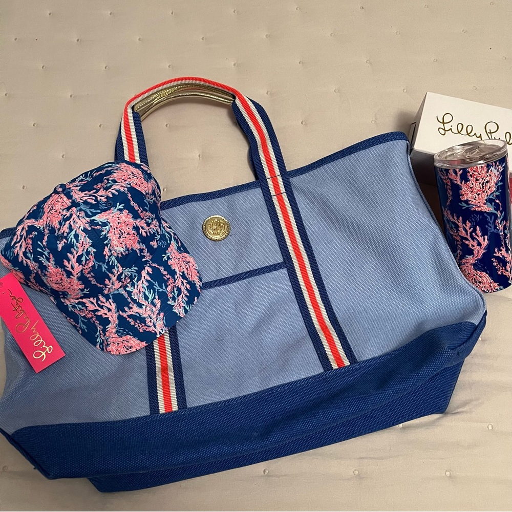 NWT Lilly Pulitzer bundle in Swim on Over Mercaro Tote, Run Around Cap, Tumbler